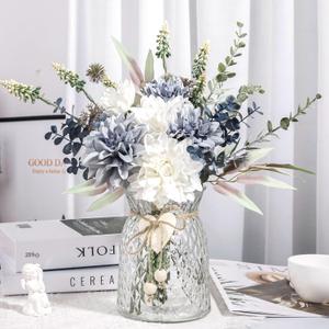 Der Rose Fake Flowers in Vase Silk Artificial Navy Blue Flowers Arrangements with Glass Vase for Dinning Coffee Table Centerpieces Home Kitchen Farmhouse Wedding Decor