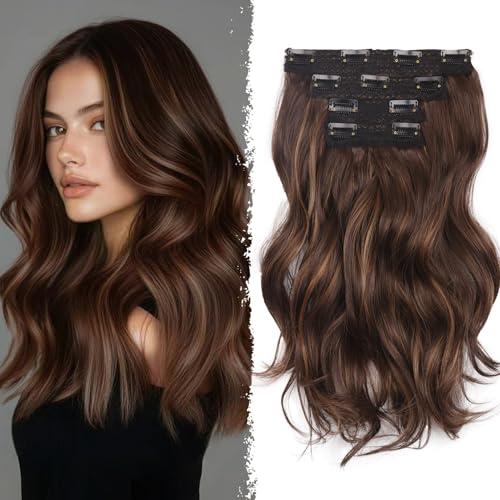 14 Inch Brown Hair Extensions - Wavy Synthetic Clip in Hair Extensions For Women And Girls (Color:Chestnut Brown with Dark Blonde Highlights)