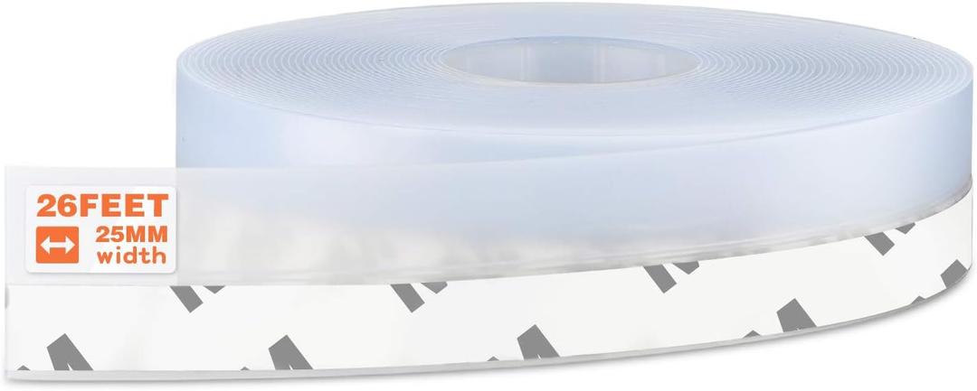 26 Feet Silicone Seal Strip, Door Weather Stripping Window Sealing Tape for Draft Stopper Adhesive Doors Windows and Shower Glass Gaps (Transparent, 25MM)