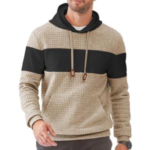 Men's Casual Sweatshirts Long Sleeve Drawstring Color Block Pullover Graphic Hoodies with Pockets (XX-Large, Khaki)
