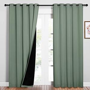 NICETOWN 100% Blackout Window Curtain Panels, Cold and Full Light Blocking Drapes with Black Liner for Nursery, 84 inches Drop Thermal Insulated Draperies (Greyish Green, 2 PCs, 62" Wide Each Panel)