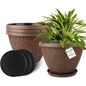 4 Pack 12 Inch Pots for Plants, Plastic Outdoor Flower Pots with Drainage Hole & Tray, Large Planters for Garden Porch Home Indoor Outdoor Decor - Pebbles Pattern Design Plant Pots