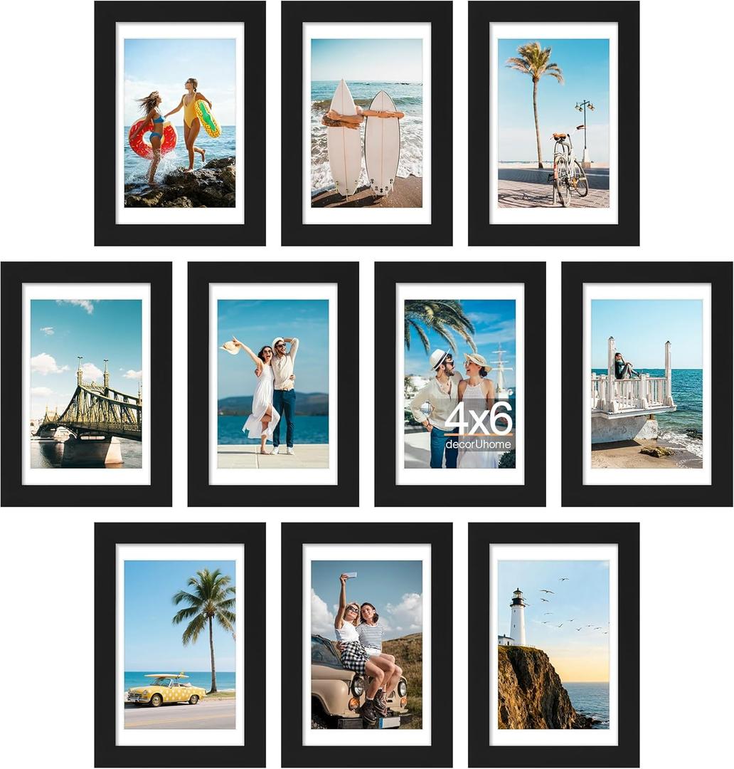 decorUhome 4x6 Picture Frame Set of 10, Display Photos 3.5x5 with Mat or 4x6 Unmatted for Picture Frames Collage Wall Decor, Black
