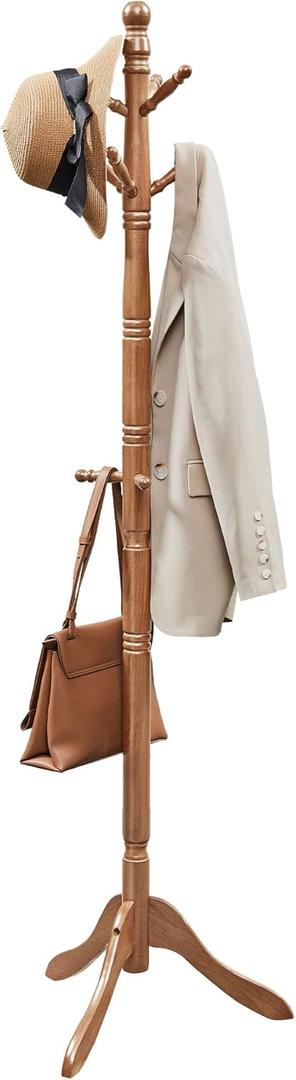 VASAGLE Solid Wood Coat Rack and Stand, Free Standing Hall Coat Tree with 10 Hooks for Hats, Bags, Purses, for Entryway, Hallway, Rubberwood, Caramel Brown URCR03WN Caramel Brown