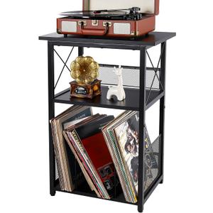 Black Record Player Stand with Vinyl Storage Up to 100 Albums,3 Tier Vinyl Record Storage Table with Extended Desktop,Turntable Stand Records Shelf Side End Table for Living Room Bedroom
