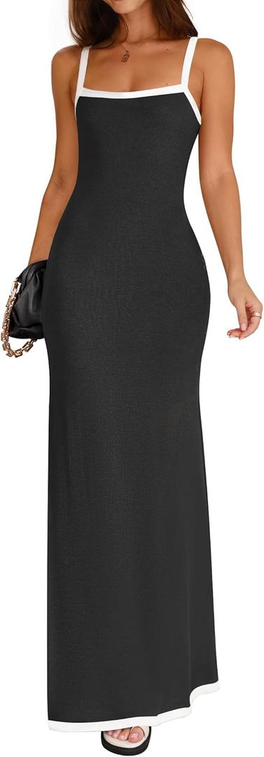 ZESICA Women's 2025 Summer Spaghetti Straps Maxi Dress Sleeveless Square Neck Lightweight Long Beach Dresses (Medium, Black)