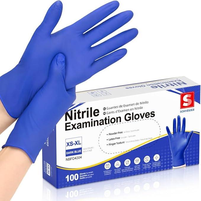 Schneider Nitrile Exam Gloves, Medical Grade Blue Disposable Gloves Latex Free, Rubber Glove for Cleaning, Cooking, Food Prep