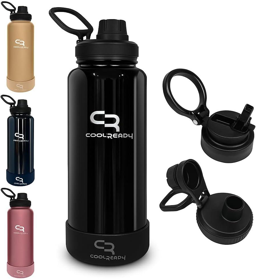 40 oz Metallic Black Insulated Water Bottle with Straw & Spout Lids Stainless Steel Thermo Bottle, Wide Mouth Leakproof Design, Double Wall Cold 24 H Hot 12 H, Silicone Boot for Gym