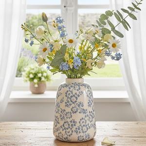Ceramic Vase Vintage Flower Vase, Blue and White Chinoiserie Floral Decorative Vase, Rustic Retro Farmhouse Crackle Finish Vases for Flowers Home Decor Living Room Centerpieces Office, Blue-03, 7.9