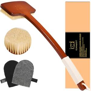 ICANdOIT Exfoliation Set-17.71 Inch Boar Bristles Back Scrubber Bath Brush,Shower Brush with No-Slip Curved Handle,Dual-Sided Face Exfoliation Glove