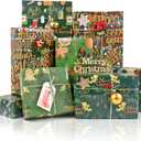 6 x Christmas Wrapping Paper, 6 Sheets Assorted Green Gift Wrapping Paper with Gold Snowflakes, Christmas Tree, Angel Pattern, Xmas Wrapping Paper Set with Ribbon, Sticker and Tag for Christmas Party