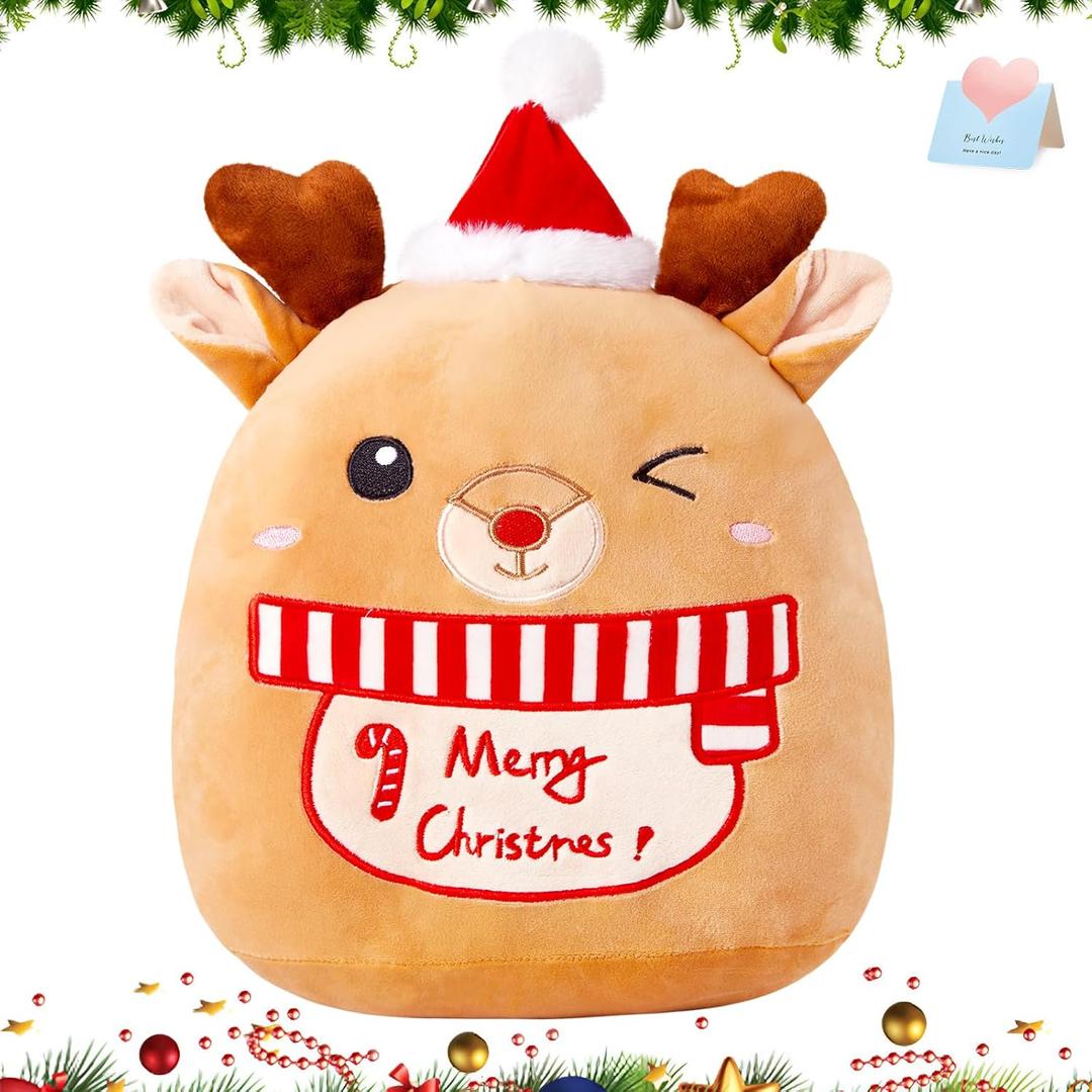Athoinsu Christmas Elk Soft Plush Pillow 14 Inches Xmas Reindeer Plush Pillow for Toddler Kids Boys Girls Party Home Decorations