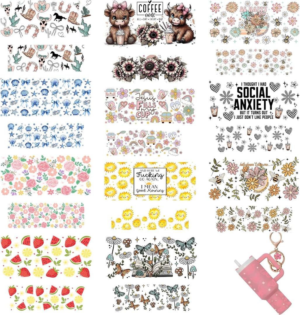 42pcs Cherry Shell Sun Full Cups MINI UV DTF Keychain Wrap Ghost Bow Book Sunflower Coffee mini uvdtf Packaging for 40oz Tumbler Key Pendant Cake Happy Heart Butterfly Howdy Strawberry Cow Watermelon