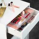 Masirs Expandable Drawer Organizer - Customizable Makeup Vanity Organizing Storage Tray for Bathroom, Bedroom & Desk Drawers - Clear Plastic Cosmetics Organizers with Expanding Compartment (Set of 2)