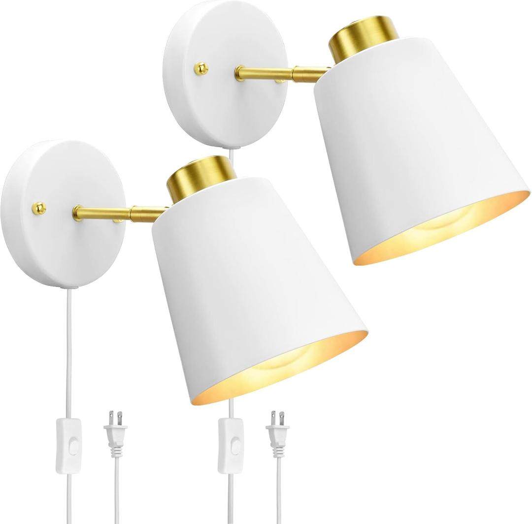 Plug in Wall Sconces, Rotatable Angle White Wall Lamp with Plug in Cord Metal Vintage Industrial Wall Mounted Light Reading Light for Bedroom Bedside Doorway(2 Pack)