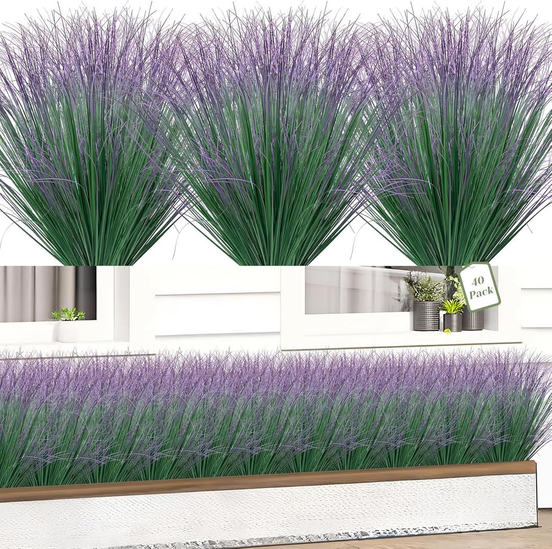 40 Bundles Fake Grass Plants Artificial Plants Outdoor Faux Plants Tall Shrubs Wheat Grass Greenery Stems UV Resistant Onion Grss For Outside Planters Indoor Room Vase Home DecorGreen Purple Tail