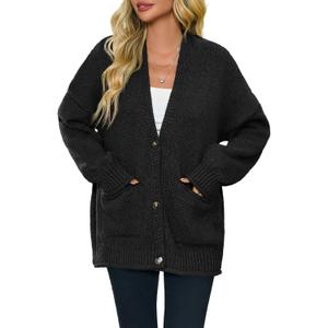 Saodimallsu Womens Chunky V Neck Cardigan Sweater Puff Sleeve Knit Cardigans Button Down Outwear with Pockets 2025 (X-Large, Black)