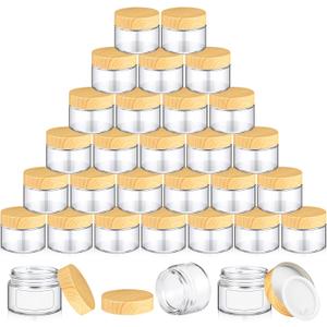 Layhit 48 Pcs 50 ml Cosmetic Glass Jars with Lids 1.69 oz Small Jars with Plastic Woodgrain Lids, White Labels and Inner Liners Empty Round Cosmetic Containers for Creams Lotions Powder