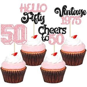 yufise 24Pcs Happy 50th Birthday Cupcake Toppers Star 50 Hello Fifty Vintage 1975 Cupcake Picks Cheers to 50 Years Decorations for 50th Birthday Anniversary Party Decorations Supplies Pink