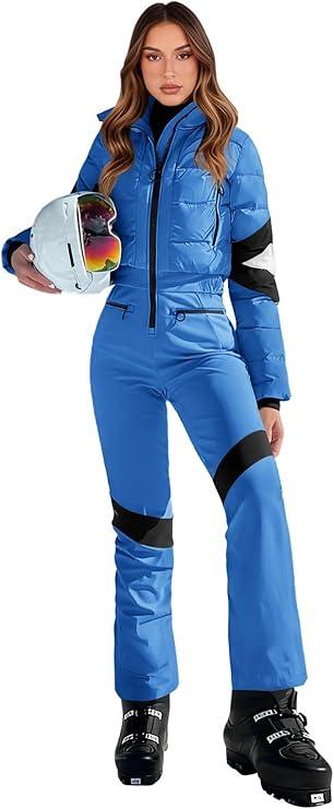 Yousify Womens Onesie Ski Suit Winter Outdoor Sports Warm Waterproof Snowsuit Color Block Jumpsuits Snow Jackets, M