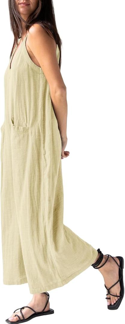 HOTIAN Womens Jumpsuits Overalls Summer V Neck Sleeveless Causal Wide Leg Jumpers Rompers with Pockets Beige (Yellow, M)