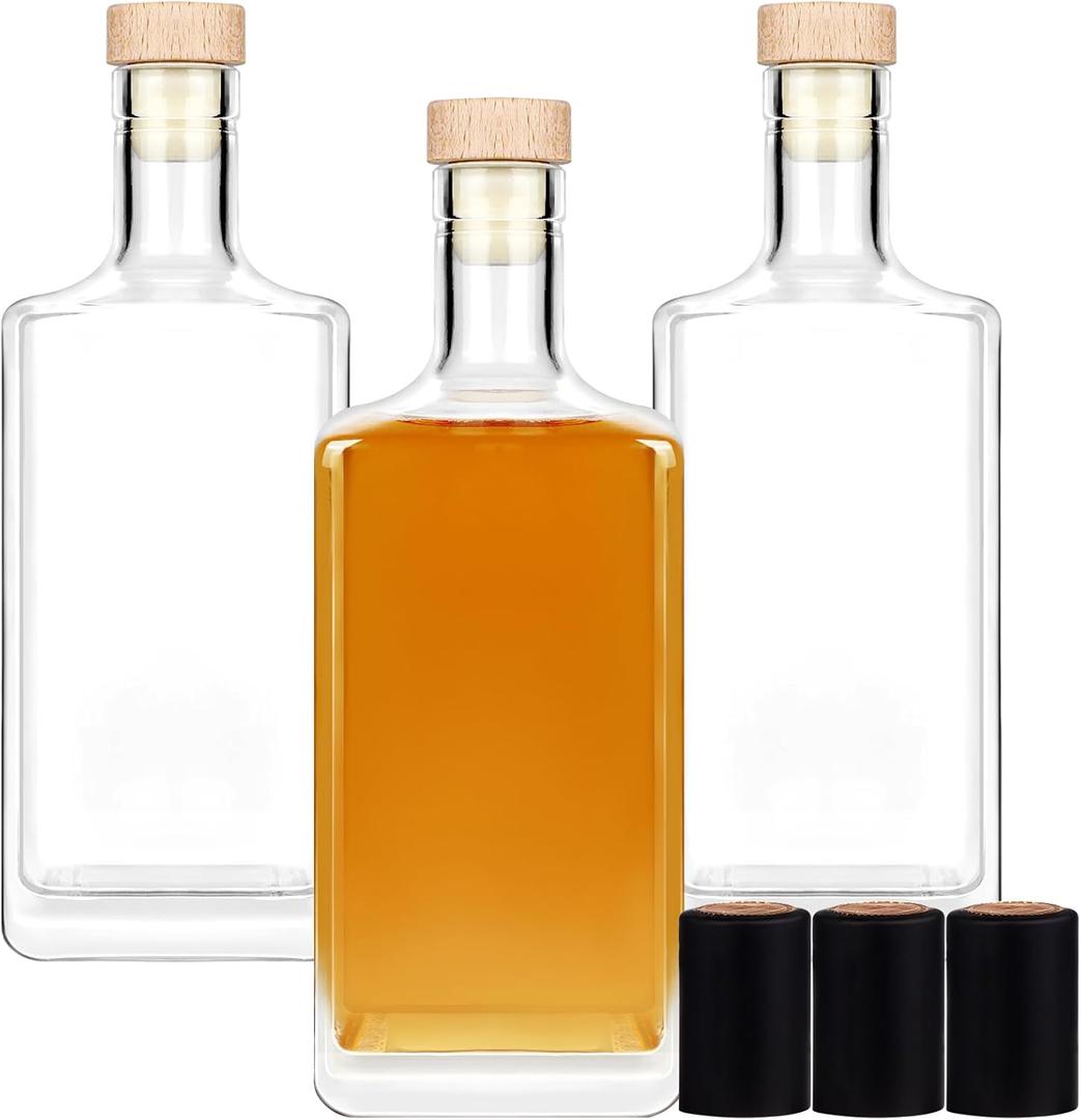 3Pack 16 oz Glass Bottles with Lid 500 ml Clear Empty Bottles with Cork Square Glass Bottle with Cap for Liquor Vodka Brandy Whiskey Beer Water Soda