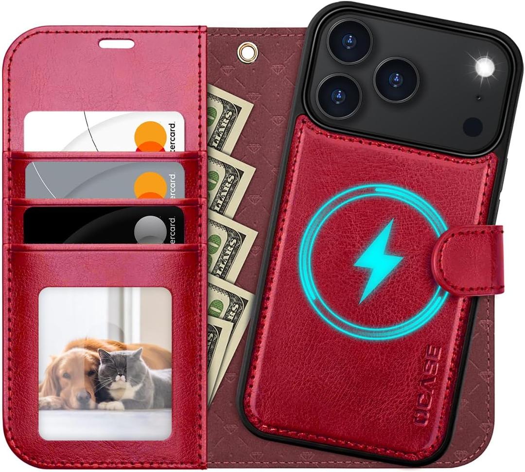 OCASE for iPhone 17 Pro Detachable Wallet Case with Card Holder, 2 in 1 PU Leather Flip Folio with RFID Blocking Stand Wrist Strap Shockproof Phone Cover 6.3 Inch 2025, Red