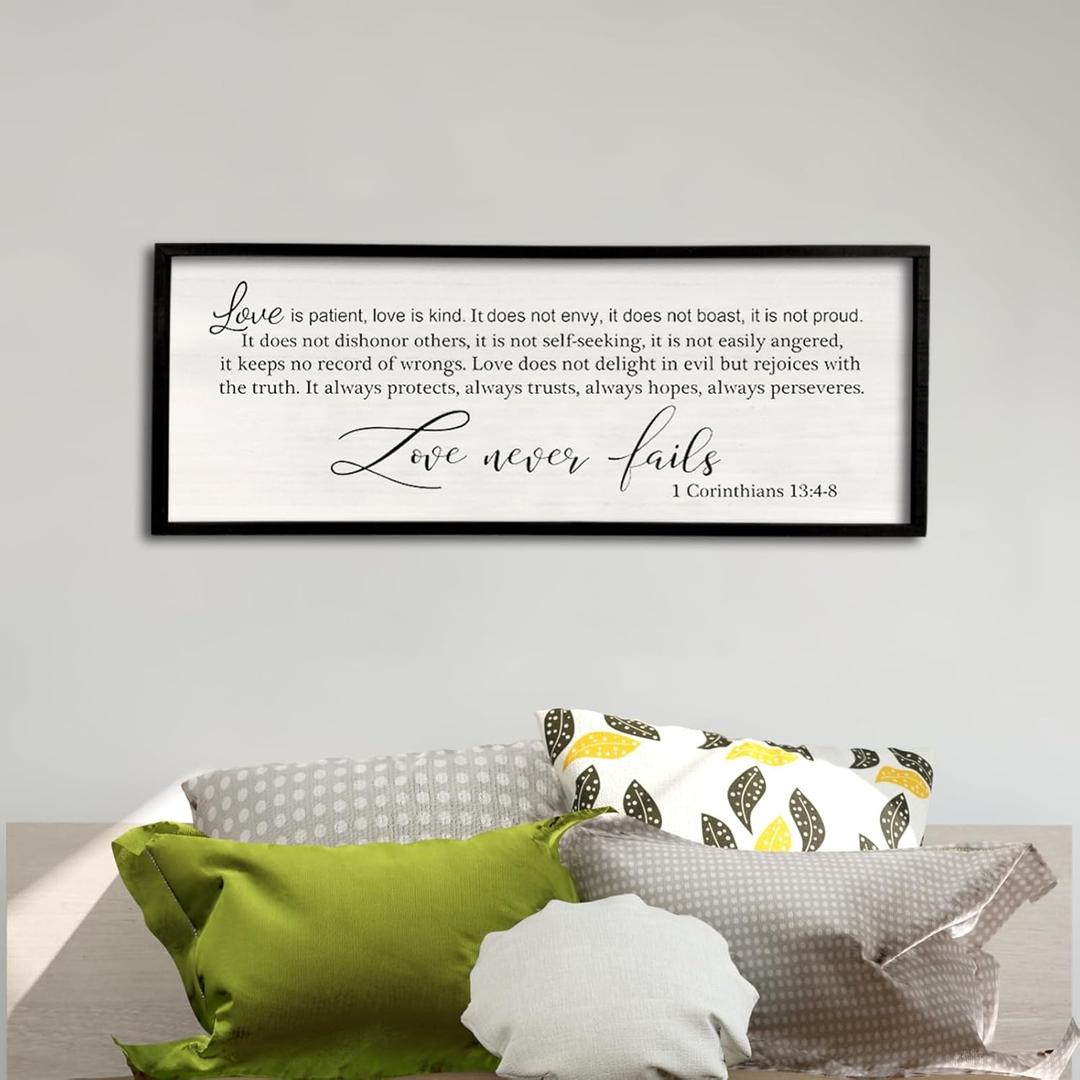 Comurdyo Love Is Patient, Kind Wall Art Decor - 40" X 15" Master Bedroom Above Bed Sign - 1 Corinthians 13 Bible Verse Scripture Christian Religious Family Wall Hanging (Brown)