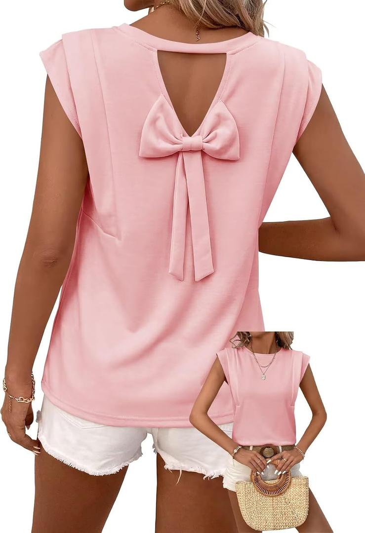 Falechay Women Blouses Womens Summer Tops Cute Going Out Round Neck Outfit Casual Chiffon Short Cap Sleeve Clothes Sexy Ladies Babydoll Shirts 2026 Trendy Women Blouse Bow Tie Plus Size Top Pink XL