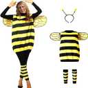 TUSAUW Bee Costume Toddler Halloween Costumes for Girls Womens Kids Adults Halloween Cosplay Costume Role Play Dress Up with Headband Jacket Wings Leggings for Halloween Theme Party(Size L)