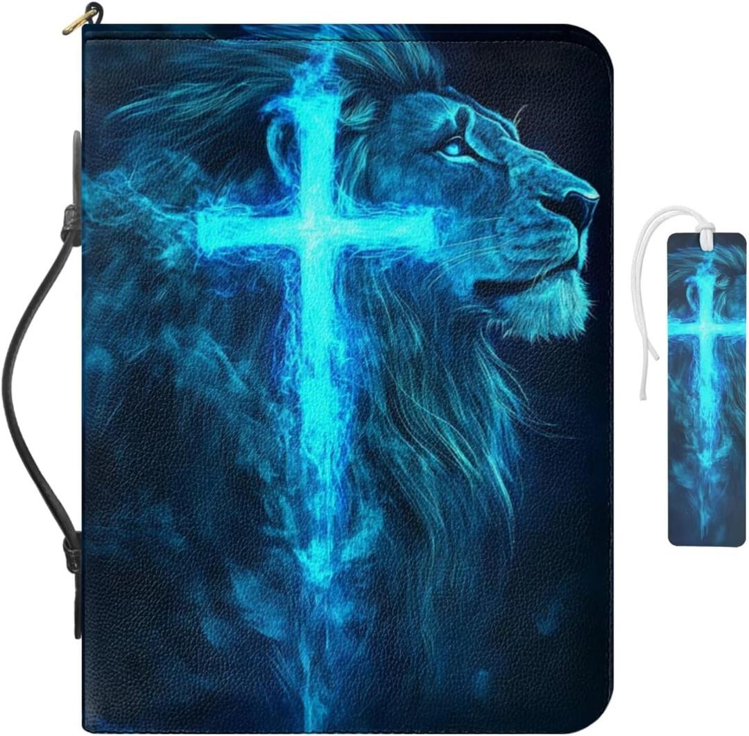 FOR U DESIGNS Glowing Blue Lion Cross Bible Carrying Case PU Leather Church Bag for Sunday Service & Bible Study Multi Pen Slots Fits Large Bibles 11.5x8.5x2