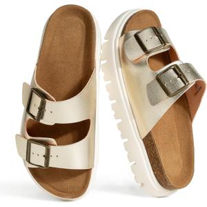 Hofeny Platform Sandals for Women – Genuine Leather Chunky Wedge Slides with Cork Footbed, Arch Support Comfortable Summer Sandals 2026 Gold Size 8
