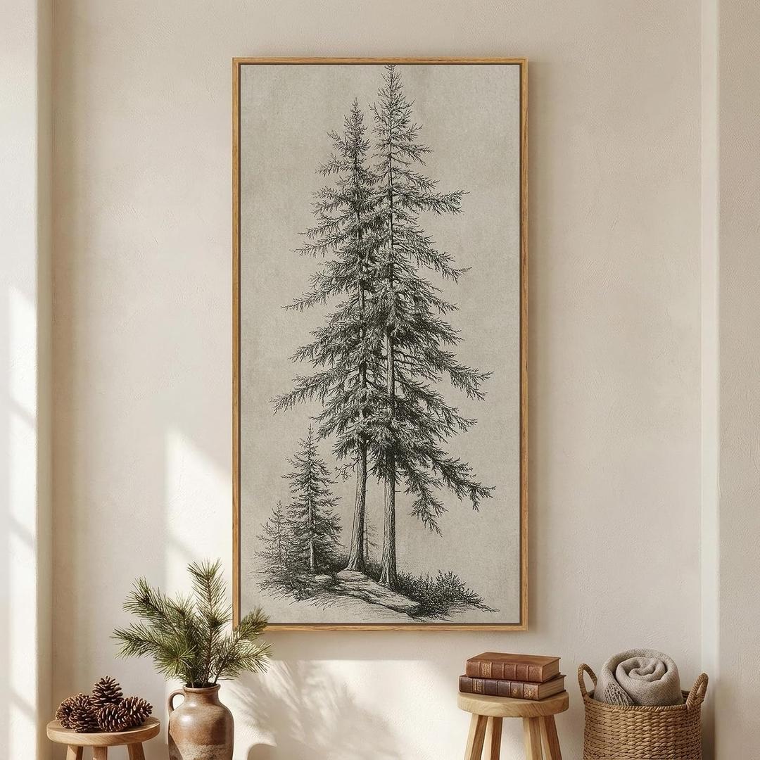 Large Framed Vertical Vintage Pine Tree Wall Art for Living Room, Neutral Sketch Rustic Classic Beige Canvas Artwork for Walls, Nordic Forest Farmhouse Wall Decor for Bedroom Hallway Office, 30x60 In
