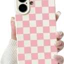 NITITOP Compatible with iPhone 16 Case Cute Aesthetic Checkerboard Checkered Pattern for Women Girl Trendy Slim Fit TPU Silicone Shockproof Full Camera Protection Cover - White and Pink