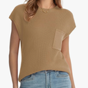 QUALFORT Women's 100% Cotton Short Sleeve Sweater Lightweight Ribbed Knit Office Layering Pullover Crewneck Work Casual Top, Khaki,  L