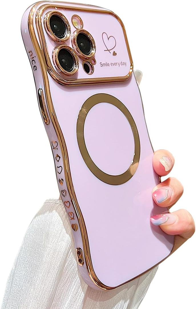 ZONRW for iPhone 14 Pro Max Case Magnetic,for Women Girls Soft Cute Wave Frame Curly Shape Love Heart Luxury Plating Phone Case Compatible with MagSafe Shockproof Back Cover 6.7"-Light Purple