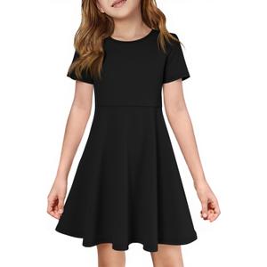 Imily Bela Girls Summer Short Sleeve Dress A Line Swing Basic Skater Twirl Party Dresses 5-14 Years (11-12 Years)