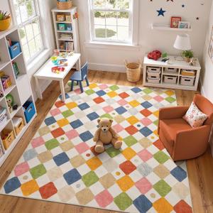 jinchan Macy 8x10 Kids Area Rug for Classroom Modern Colorful Nursery Rug Checkered Diamond Play Mat Washable Soft Non Slip Carpet for Playroom Living Room Bedroom Daycare Circus on Cream