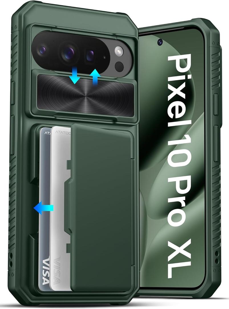 ATATOO for Google Pixel 10 Pro XL Case, Built-in Card Holder (Store 3-5 Cards) & Sliding Camera Cover, Military Grade Protection, Sturdy Durable Wallet Case for Pixel 10 Pro XL 6.8" 2025, Green