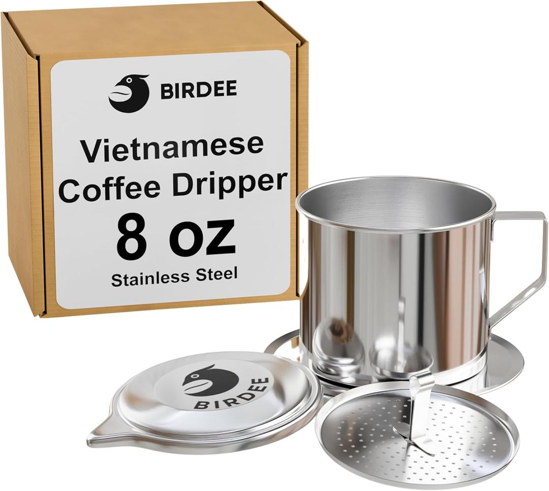 Birdee Vietnamese Coffee Dripper  Stainless Steel 8 oz Phin Filter, Perfect Cup of Phin Drip Coffee in 35 Minutes, Durable & Dishwasher Safe