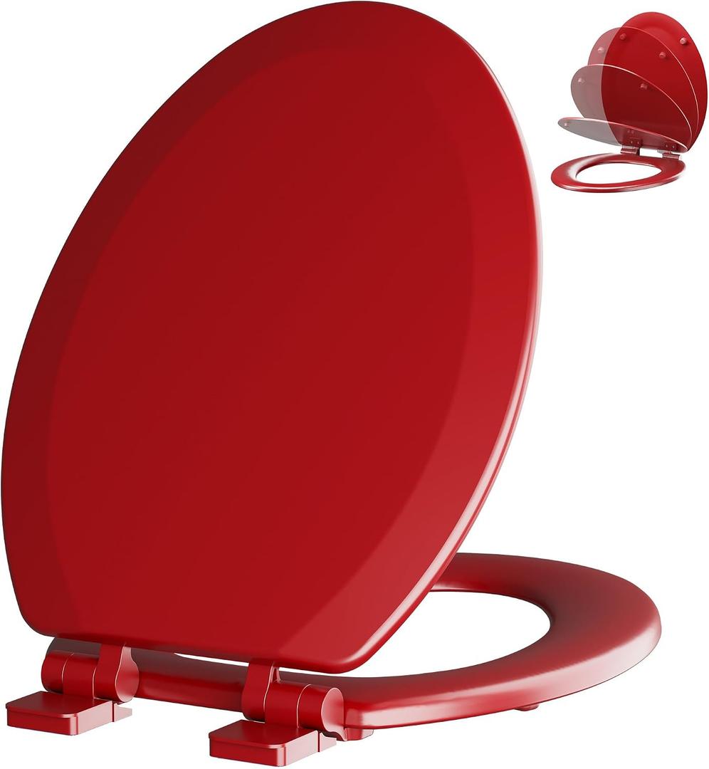 Angol Shiold Slow Close Wood Toilet Seat（Red, Elongated 18.5''）