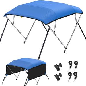 KAKIT Bimini Tops for Boats with Mesh Sides Heavy Duty Cover Adjustable 4 Straps Zippered Storage Boot(4 Bow 8'L x 54" H x 67"-72" W,Blue)