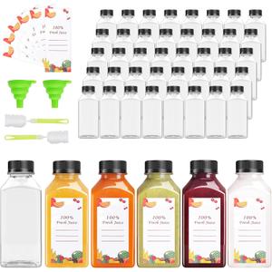 56pcs 8oz Pcs Juice Bottles, Juice Bottle with Caps Reusable Empty Clear Bottles with Label, Funnel, Brush Bulk Beverage Containers for Juicing, Drinking, Smoothie and Other Beverages (8oz)