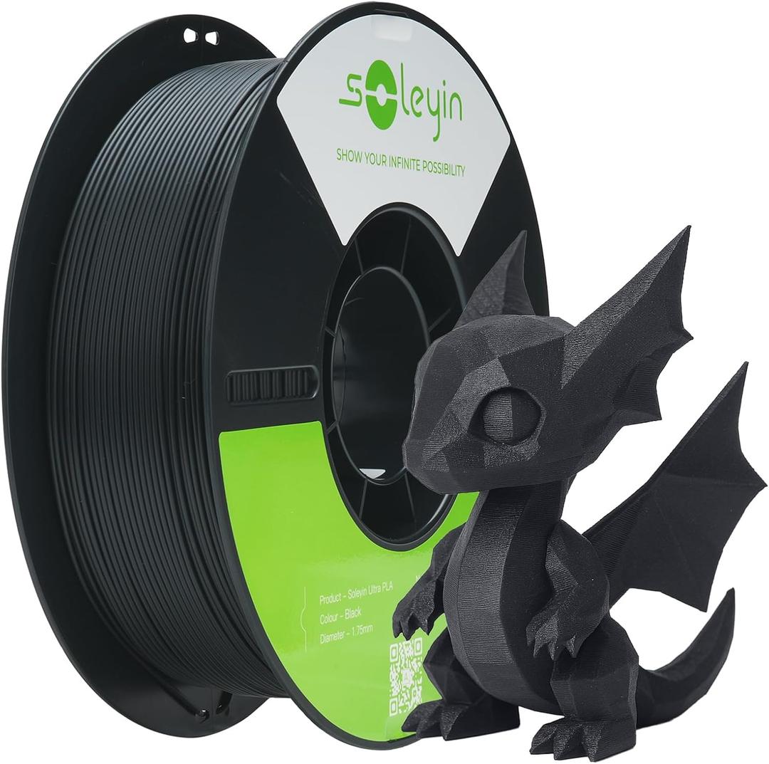 3D Printer Filament, 1.75mm Ultra PLA Filament fot 3D Printing High Speed 30-300mm/s Accuracy +/- 0.02mm, 1kg Spool (2.2lbs), Fit Most FDM 3D Printer, Soleyin by Creality Filament, PLA Black