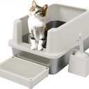 RIZZARI Open Cat Litter Box: Large Beige Stainless Steel Litter Pan 23.8" x 15.9" x 12.4" - High Sided Splash-Proof Easy Clean Toilet for Cats up to 20 lbs - Ideal for - Laundry Areas - Apartments