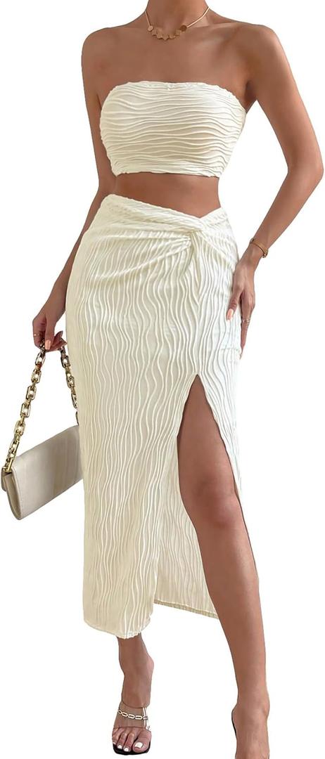 WDIRARA Women's 2 Piece Outfits Strapless Tube Top and Twist Front Split Thigh Skirt (Apricot) S