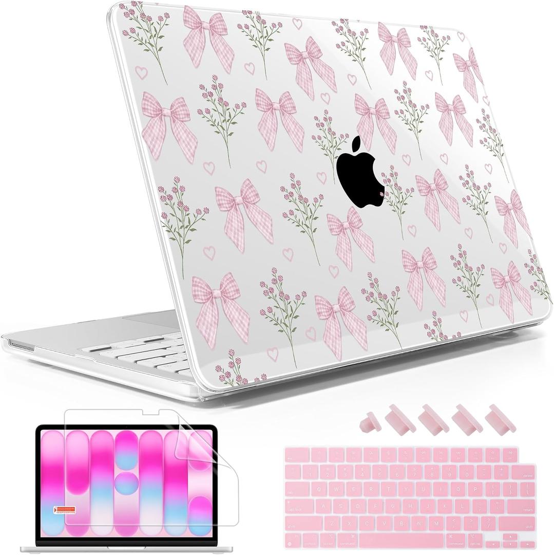 May Chen Compatible with MacBook Neo 13 inch Case 2026 Model A3404, Plastic Hard Shell,Keyboard Cover,Screen Protector,Dust Plug, for MacBook Neo 13" with A18 Pro Chip, Flower & Bow