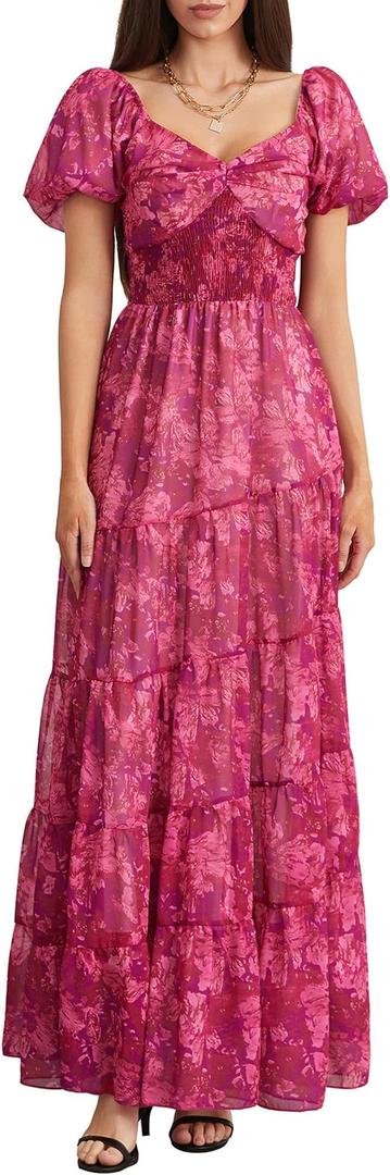 Women Floral Maxi Dress Short Puff Sleeve V Neck Bohemian Flowy Dress Smocked Casual Spring Summer Dresses M/L