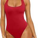 REORIA Women's Sexy Deep Scoop Neck Halter Bodysuit Double Lined Sleeveless Backless Top Vacation Outfits, Small (Tomato)