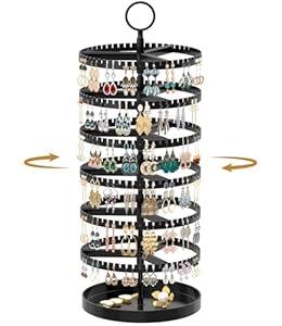 MODOWEY Rotating Earring Holder Organizer Display Tree with Metal Tray, Adjustable Plastic Stand with 342 Slots for Stud Hoop Hanger, Large Capacity Storage Rack for Women Space-Saving(6 Tier, Black)
